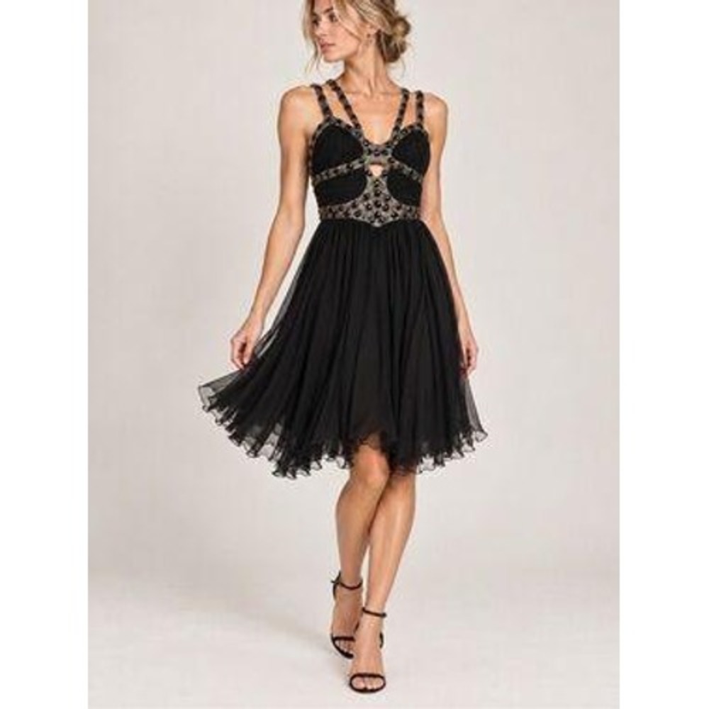 Mandalay Black Silk Chiffon Cocktail Dress Size 8 Beaded NWT Vintage Party Glam